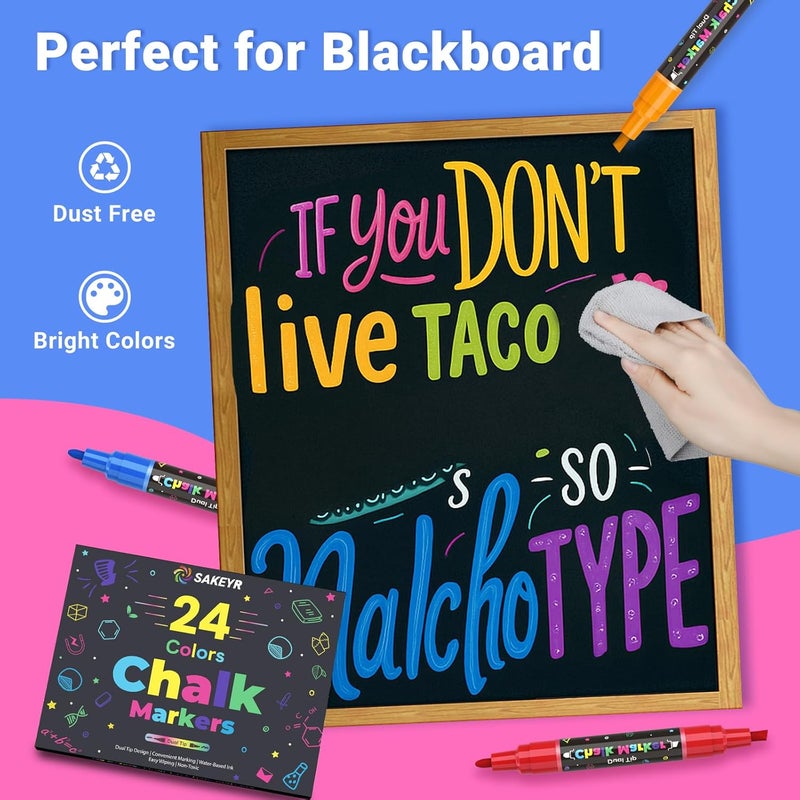 SAKEYR 24 Vibrant Colors Dual Tip Liquid Chalk Markers – Erasable Chalk Pens for Blackboard, Chalkboard Signs, Glass, Windows, Bar Menu, Wet Erase Neon Makers for Just Married Car Windows Decorations - Image 4